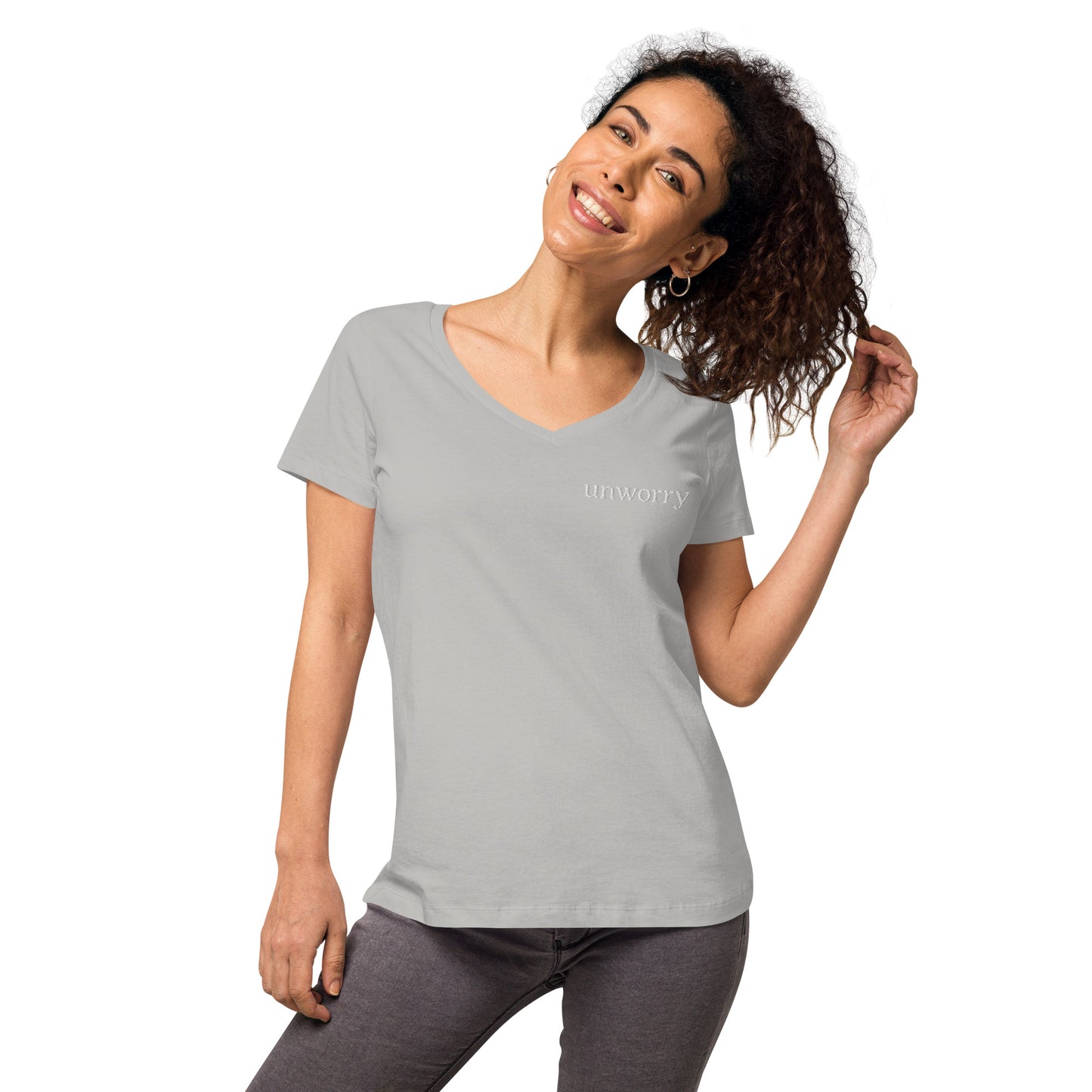 unworry embroidered women’s fitted v-neck t-shirt