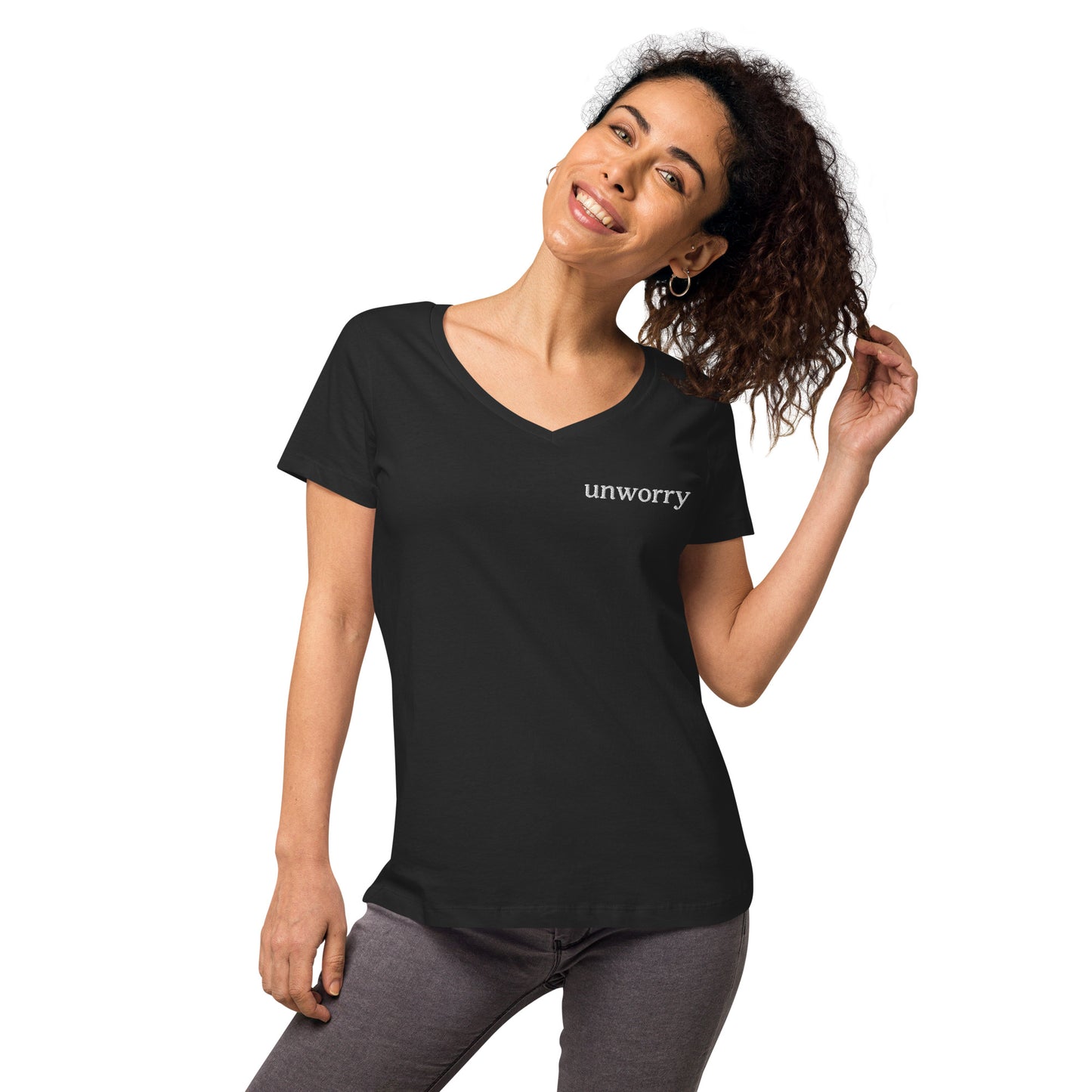 unworry embroidered women’s fitted v-neck t-shirt