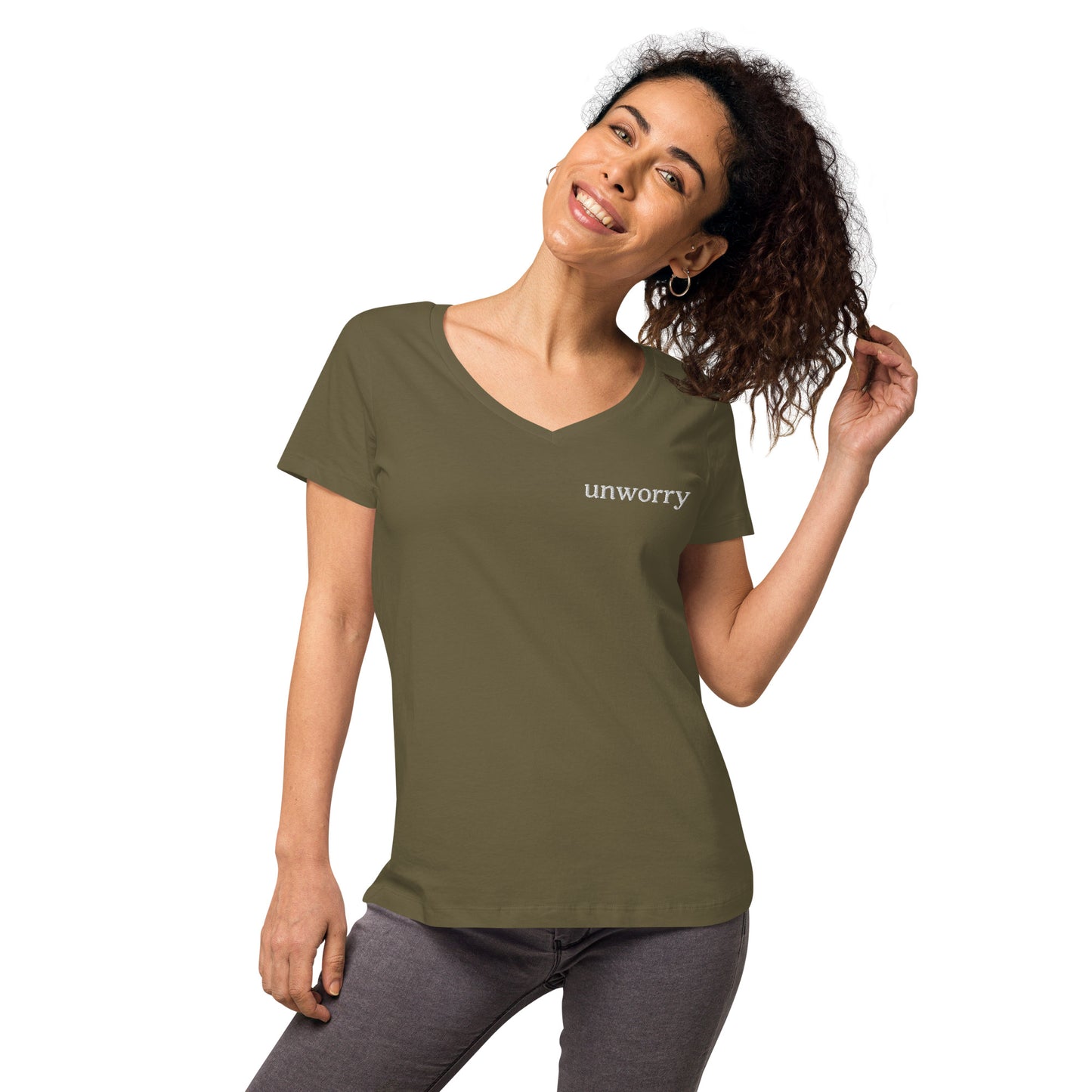 unworry embroidered women’s fitted v-neck t-shirt