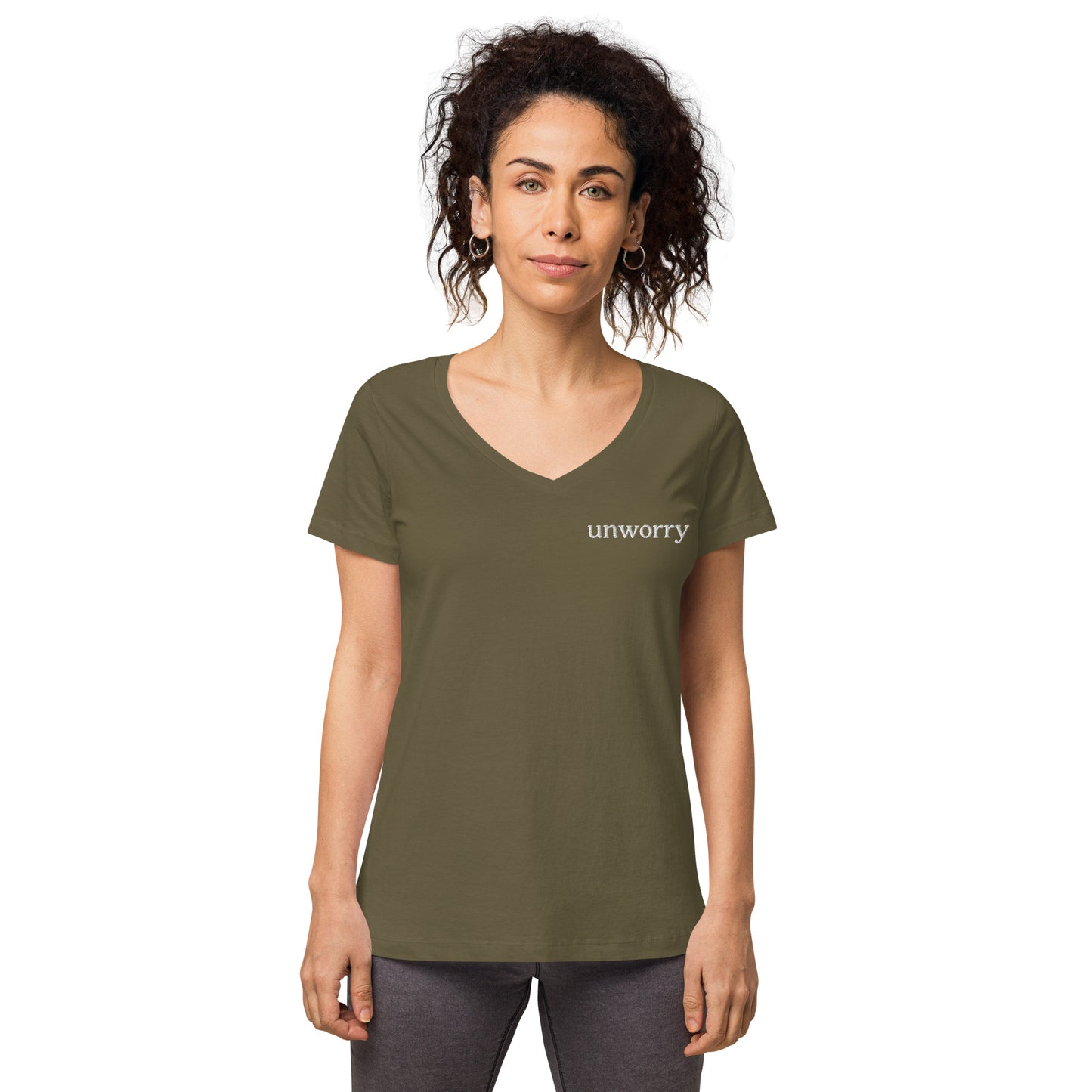 unworry embroidered women’s fitted v-neck t-shirt